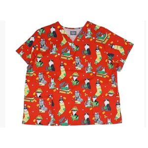 Scrub Top Butter-Soft by‎ UA Cotton Blend Christmas Red Cats women 2X New